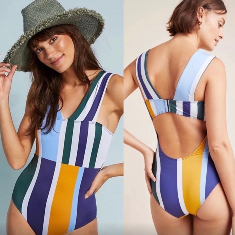 ANTHROPOLOGIE  MEI L’ANGE TORI V NECK OVER‎ THE SHOULDER STRIPED ONE PIECE​​​​